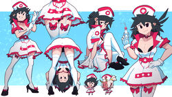 bent_over black_hair black_panties bra breasts cleavage garter_straps lucia_(scott_malin) multiple_poses nurse nurse_uniform original panties pantyshot scott_malin sitting standing the_panty_bear thighhighs thighs