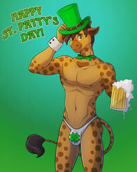 2021 alcohol anthro artist_signature beer beer_glass beverage bow_tie bulge clothing clover conditional_dnp four_leaf_clover giraffe giraffid hat headgear headwear holidays kadath kadath_universe male male_only mammal panties_bulge patrick_(kadath) shamrock signature simple_background solo st._patrick's_day top_hat underwear wristband