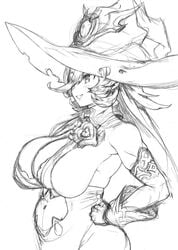 1girls blush character_request female hat huge_breasts i1lnoo3oaivaq8p monochrome plump sideboob smile smiling voluptuous witch_hat