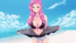 1girls beach big_breasts bikini bikini_top blue_eyes cait cait_aron cropped_legs ear_piercing female female_only front-tie_bikini front_view jacket league_of_legends long_hair looking_at_viewer navel pink_hair seraphine_(league_of_legends) shorts solo solo_female undressing