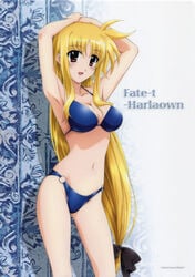 absurdres armpits arms_up bikini blonde_hair blue_bikini blue_swimsuit blush breasts cleavage fate_testarossa female highres light-skinned_female light_skin long_hair low-tied_long_hair lyrical_nanoha magazine_scan mahou_shoujo_lyrical_nanoha mahou_shoujo_lyrical_nanoha_strikers medium_breasts megami_magazine official_art okuda_yasuhiro red_eyes ribbon scan solo swimsuit swimsuits very_long_hair