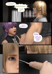 3d 3d_(artwork) asian asian_female ayane_(doa) comic cum dead_or_alive ejaculation eliot_(doa) erection interracial penis purple_hair red_eyes renzuki_harai speech_bubble