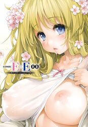 :o blonde_hair blue_eyes chie_(ishikei) cover cover_page drooling female flower hair_flower hair_ornament highres ishikei jacket long_hair long_sleeves looking_at_viewer nipples no_bra open_clothes open_jacket original saliva see-through shirt_lift solo spaghetti_strap upper_body