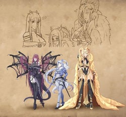 3girls belt big_breasts blush breasts cleavage clothed clothing female female_focus female_only fur glowing_eyes gold_eyes goth hair_over_one_eye height_chart height_difference horn horns horse_ears horse_tail kirin_(monster_hunter) kulve_taroth large_breasts loincloth long_hair looking_at_viewer monster_girl monster_hunter monster_hunter_world pointed_ears purple_hair red_eyes size_comparison size_difference tail torn_clothes torn_wings vaal_hazak white_body white_hair white_skin yamanata