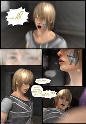 3d 3d_(artwork) asian asian_female ayane_(doa) comic dead_or_alive eliot_(doa) interracial open_mouth purple_hair red_eyes renzuki_harai speech_bubble