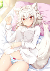 1girls animal_ears big_breasts blush bow_panties dress_shirt female female_only lulu_akituki lying momiji_inubashiri no_pants on_back panties red_eyes striped_panties tail touhou white_hair wolf_ears wolf_girl wolf_tail