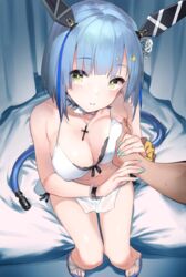 1boy 1girls 92m azur_lane bangs bare_shoulders bikini blue_hair blush breast_grab breasts choker cleavage collarbone commentary_request cross cross_necklace female flower gascogne_(azur_lane) gascogne_(tropical_environs_acclimation_service_equipment)_(azur_lane) grabbing guided_breast_grab hair_flower hair_ornament head_tilt headgear highres jewelry light-skinned_female light-skinned_male light_skin looking_at_viewer medium_breasts multicolored_hair navel necklace parted_lips pov purple_hair sandals short_hair sitting solo_focus streaked_hair sweat swimsuit thighs vichya_dominion_(azur_lane) white_bikini yellow_eyes