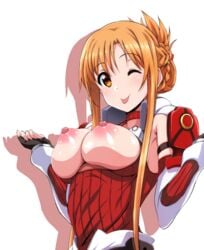 airando breast_cutout breasts female island_(kossori) large_breasts orange_eyes orange_hair simple_background spread_arms sword_art_online tongue_out yuuki_asuna