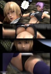 3d 3d_(artwork) asian asian_female ayane_(doa) breasts comic dead_or_alive eliot_(doa) interracial purple_hair red_eyes renzuki_harai