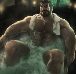 1boy bath beard dopq facial_hair hair hairy_arms hairy_chest human human_only league_of_legends malcolm_graves male male_only sauna solo towel water yy6242