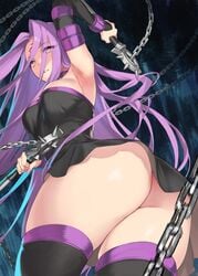 92m arm_up armpits ass bangs bare_shoulders black_dress black_sleeves blush breasts chains collar dagger detached_sleeves dress facial_mark fate/stay_night fate_(series) female forehead forehead_mark highres huge_ass large_breasts long_hair medusa_(fate) parted_bangs parted_lips purple_collar purple_hair short_dress sidelocks strapless strapless_dress thick_thighs thighs very_long_hair weapon