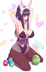 1girls alternate_costume armpits arms_behind_head bangs bare_arms bare_shoulders big_breasts black_hair blush brown_eyes bunny_girl bunnysuit camilla_(fire_emblem)_(cosplay) cleavage fire_emblem fire_emblem_awakening fire_emblem_heroes large_breasts long_hair nintendo pibu simple_background solo solo_female tharja_(fire_emblem)