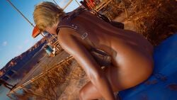 3d ass astromons bottomless casual cyberpunk_2077 dark-skinned_female dark_skin exhibitionism female handwear harness holster human mostly_nude naked neckwear nude nude_female outdoors t-bug_(cyberpunk_2077) tactical_nudity