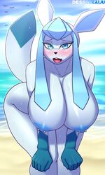 2020 5_fingers anthro beach blue_eyes blush bodily_fluids breasts brown_nose desertkaiju eeveelution female fingers furry glaceon highres huge_breasts large_breasts looking_at_viewer nintendo nipple_piercing nipples nude open_mouth piercing pokémon_(species) pokémorph pokemon sand seaside solo sweat water wet_body