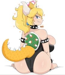 1girls 2d ass back_view big_ass big_breasts blonde blonde_hair bowsette breasts butt crown cute_fang female female_only genderbent heart horns jinu leotard light-skinned_female light_skin looking_at_viewer looking_back looking_over_shoulder mario_(series) new_super_mario_bros._u_deluxe nintendo oerba_yun_fang pale-skinned_female pale_skin ponytail side_boob simple_background sitting solid_color_background solo solo_female spiked_bracelet spiked_collar super_crown tail thin_waist tight_clothing white_background