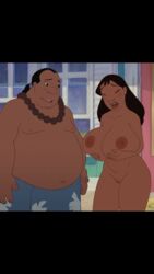 black_hair dark-skinned_female disney gigantic_breasts holding_breasts lilo_and_stitch male moses_puloki nani_pelekai nipples nude_female pussy screenshot_edit shaved_pussy straight_hair warhammer1231_(artist)