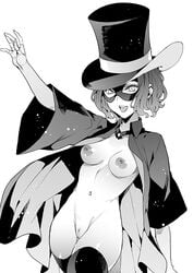 akane_hasegawa atlus azukiko breasts cloak domino_mask elbow_gloves eye_mask gloves hat looking_at_viewer mask megami_tensei monochrome nude persona persona_5 persona_5_scramble:_the_phantom_strikers petite pussy shadow_(persona) shadow_akane stockings top_hat