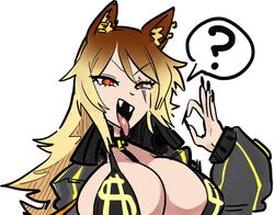 1girls animal_ears big_breasts bikini black_nails blonde_hair blowjob_gesture brown_hair cat_ears catgirl clothed clothing ear_piercing fangs female huge_breasts humanoid jacket kashmere(loafd) kemonomimi large_breasts looking_at_viewer ok_sign pale_skin red_eyes scar solo thetenk tongue tongue_out two_tone_hair