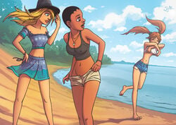 3girls beach black_bra black_hat blonde blonde_hair clothed clothing dark-skinned_female dark_skin female female_only ginger hat human human_only jjar light-skinned_female light_skin long_hair origin pale_skin red_hair removing_clothing removing_pants removing_shirt short_hair shorts shortshorts skirt taking_clothes_off tank_top teenage_nude_ninja_girls trees twintails undressing water white_tank_top