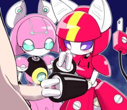 1boy 2girls 3_fingers blue_eyes blush censored electrostimulation mecha medabots medarot nollety peppercat purple_eyes robot robot_girl rouge_katze