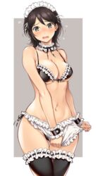 amagami apron apron_pull bare_shoulders bikini black_legwear black_socks blush boobs border breasts brown_hair choker cleavage commentary_request embarrassed female female_only frilled_choker frilled_legwear frilled_socks frills grey_background grey_eyes large_breasts maid maid_bikini maid_headdress maid_uniform navel open_mouth serizawa_(serizawaroom) short_hair socks standing stomach swimsuit takahashi_maya thigh_socks thighhighs underboob waist_apron white_border wrist_cuffs