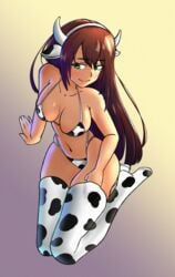 big_breasts bikini blush blushing_at_viewer brown_hair brown_skin cow_bikini cow_ears green_eyes heels long_hair nyaru simple_background thighhighs virtual_youtuber