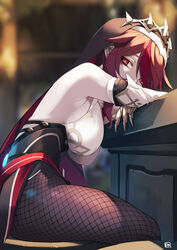 1girls angry_num big_breasts dark_red_hair fishnet_stockings fishnets genshin_impact hanging_breasts nun red_eyes red_hair rosaria_(genshin_impact) side_view sideboob sitting