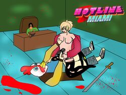 1boy 1girls 2boys artist_request blood blood_in_mouth bodyguard_(hotline_miami) chair dead_body female gun hotline_miami jacket_(hotline_miami) katana male tagme tagme_(character) touching_breast