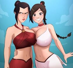 2girls alternate_breast_size angry avatar_legends avatar_the_last_airbender azula bikini braided_ponytail breast_press caiman2 emmabrave female female_only fire_nation highres huge_breasts human large_breasts looking_at_viewer looking_away multiple_girls nickelodeon nonbender smile swimsuit ty_lee wide_hips