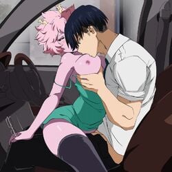 1boy 1boy1girl 1girls animated animated_gif big_breasts black_socks breast_grab breast_play breast_sucking breasts clothing female hetero inside_car male/female mina_ashido my_hero_academia nightlykrumbs pink_hair pink_skin shounen_jump sitting_on_lap socks straight tenya_iida thigh_socks thighhighs