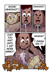 :3 absurd_res anal anal_sex anthro armpit_hair blonde_hair blush bodily_fluids body_hair brown_body brown_fur brown_hair canid canine canis comic cum cum_on_chest cum_on_face dialogue domestic_dog duo english_text felid foreskin fur genital_fluids genitals hair hi_res humanoid_genitalia humanoid_penis laugh lion male male/male mammal messy motion_lines navel nipples nude pantherine partially_retracted_foreskin penetration penis smile sound_effects sweat t0l0k text tongue tongue_out