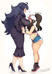 2girls alternate_breast_size ass_in_dress big_ass big_breasts blush breast_smother brown_hair dress face_in_breasts hat heart heels height_difference hex_maniac high_heels hilda_(pokemon) human jean_shorts keigi_(artist) large_breasts light_skin long_hair nintendo npc_trainer petting pokemon pokemon_bw pokemon_xy ponytail purple_hair short_shorts shorts smothering thick_thighs tight_clothing yuri