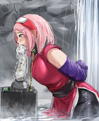 1girls arms_behind_back bike_shorts blush bondage breasts bsdm choker clothing danger device facial_mark fellatio female female_only forehead_mark green_eyes hairband ice key licking licking_penis long_hair male_focus medium_breasts melting naruto naruto:_the_last naruto_(series) naruto_shippuden oral partially_submerged pink_hair predicament_bondage reitaro restrained sakura_haruno saliva sculpture sexually_suggestive sleeveless sleeveless_shirt tears tied_hands torture trying_to_escape water waterfall wet_clothing wet_hair