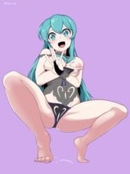 1girls alternate_costume barefoot big_breasts black_panties blade_ride blue_eyes blue_hair blush breasts breasts_out eirika_(fire_emblem) female_masturbation female_only fingering fingering_pussy fingering_self fire_emblem fire_emblem:_the_sacred_stones from_below heart-shaped_pupils light_blue_eyes light_blue_hair long_hair looking_at_viewer looking_pleasured masturbation nintendo nipples open_mouth open_smile panties pussy_juice pussy_juice_on_fingers pussy_juice_puddle self_fondle skimpy skimpy_clothes smile solo solo_female squatting