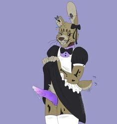 1boy 2021 animatronic anthro apron bedroom_eyes black_sclera blue_background bodily_fluids bow_tie brown_body brown_ears brown_fur brown_nose brown_tail clothed clothing clothing_lift crossdressing cum cum_on_penis cum_string ear_bow erection eyelashes five_nights_at_freddy's five_nights_at_freddy's_3 fur genital_fluids genitals girly half-closed_eyes hi_res lagomorph legwear leporid long_ears long_penis long_whiskers machine maid_uniform male male_only mammal mostly_nude multicolored_body multicolored_ears multicolored_fur multicolored_tail narrowed_eyes notched_ear orgasm penis presenting presenting_penis purple_penis rabbit robot seductive short_tail simple_background smile solo springtrap springtrap_(fnaf) standing stockings suckmycoccyx tailwag tan_body tan_ears tan_fur tan_tail tapering_penis teeth thick_thighs torn_arm torn_leg uniform video_games whiskers white_eyes wire