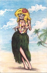 1990s 1994 1girls 20th_century beach blonde_hair cherry_poptart cherry_poptart_(comic) clouds flower_necklace grass_skirt hula larry_welz light-skinned_female light_skin nude_underneath pale-skinned_female pale_skin sand straight_hair tagme topless topless_female year