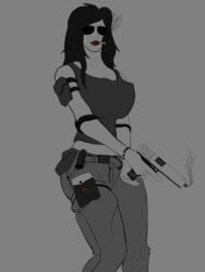 aviator_sunglasses big_breasts black_hair blank_background breast_squeeze cigarette combat d34h elbow_pads female_focus female_only gun jane_(d34h) large_breasts long_hair masculine_female pistol red_lips smoke smoking solo solo_female straps sunglasses tinted_eyewear tomboy