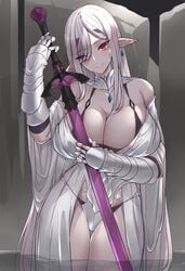 1girls armor bare_shoulders blush cleavage earrings elf female gauntlets huge_breasts jewelry k_jin long_hair looking_at_viewer mole original original_character pointy_ears red_eyes robe silver_hair smile solo sword thigh_gap unconvincing_armor wading water weapon