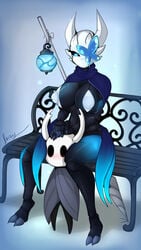 bench between_legs blushing cloven_hooves exposed_nipples fraydragon hollow_knight lampy_(azura_inalis) larger_female male_blushing protagonist_(hollow_knight) size_difference smaller_male