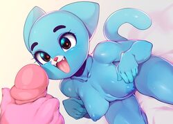 1boy 1girls 2021 5_fingers :3 absurd_res anthro areola belly big_breasts black_eyes blue_body blue_fur blue_skin blue_tail blush breasts cartoon_network collarbone domestic_cat duo eyebrows fang felid feline felis female female_focus fingers fur glans glistening glistening_body glistening_skin hand_on_penis hi_res looking_at_genitalia looking_at_penis looking_up male male/female masturbation nicole_watterson nude open_mouth penis pink_body pink_fur richard_watterson simple_background sitting slugbox solo_focus sweat sweatdrop tail teeth the_amazing_world_of_gumball thick_thighs thighs tongue white_background wide_hips wide_thighs