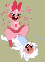 1boy 1girls blush blush bow buckteeth chipmunk female_on_top female_penetrated fox furry giggles_(htf) happy_tree_friends lilli_villa male/female male_penetrating no_humans original_character pink_fur pink_nipples roller_skates skirt skirt_lift snowers white_fur wings