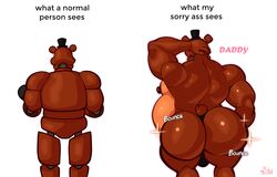 1boy 2021 animatronic anthro anthro_only ass belly big_belly big_butt black_clothing black_hat black_headwear bobthetanuki brown_body brown_fur bulge bulge_from_behind clothing dad_bod english_text five_nights_at_freddy's freddy_(fnaf) fur furry furry_only hat headgear headwear hi_res humor machine male male_only mammal meme musclegut muscular muscular_anthro muscular_male nathanatwar nipples rear_view robot solo text that? the thick_thighs thong top_hat underwear ursid video_games what whateverdoes