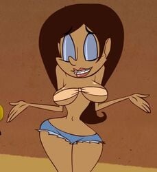 animated brown_hair closed_eyes dark-skinned_female eyebrows_visible_through_hair jiggling_breasts lipstick navel short_shorts swaying tagme tubetop weebl's_stuff weebls_stuff wide_hips