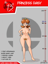 1girls ashentrickster big_ass big_breasts big_butt blue_eyes breasts brown_hair card character_name english_text feet female female_only full_body height_chart logo mario_(series) nintendo nipples one_eye_closed princess_daisy pubic_hair pussy red_hair red_pubic_hair simple_background smile solo standing stats super_smash_bros. text