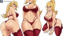 1girls ass beauty_mark big_ass bimbo blonde blonde_hair blue_eyes blush bra breasts cleavage dat_ass echosaber female female_only heart highres kneeling large_breasts lingerie long_hair looking_back metroid multiple_views nintendo panties ponytail red_lingerie red_nail_polish red_stockings samus_aran sideboob smile smiling solo solo_female stockings straight strappy_bra thick_thighs thong tied_hair very_high_resolution white_background