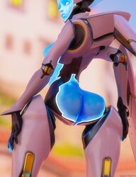 1girls 3d armor ass blender blizzard_entertainment blue_body blue_eyes breasts drakepowers echo_(overwatch) female female_only looking_back medium_breasts metallic_body omnic overwatch robot robot_girl solo thick_ass thick_thighs wide_hips