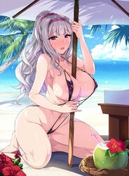 1girls areola areola_slip areolae bangs bare_legs barefoot beach beach_umbrella between_breasts big_breasts bird blunt_bangs blush breasts cloud curly_hair day erect_nipples erect_nipples_under_clothes eyebrows_visible_through_hair feet female flower food fruit fruit_cup hairband hi_res hidebou highres idolmaster idolmaster_(classic) kneeling large_breasts legs long_hair melon navel nipples ocean one-piece_swimsuit open_mouth outdoors pink_eyes ponytail pubic_hair pubic_hair_peek revealing_clothes shijou_takane sideboob sidelocks silver_hair sky sling_bikini slingshot_swimsuit smile solo strap_gap string_bikini sunbeam sunlight sweat swimsuit thighs tied_hair umbrella underboob wide_hips