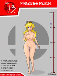 1girls ashentrickster big_ass big_breasts blonde_hair blue_eyes breasts card character_name english_text feet female female_only full_body height_chart logo long_hair looking_at_viewer mario_(series) nintendo nipples princess_peach pussy simple_background smile solo standing stats super_smash_bros. text