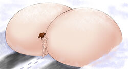 1girls back_view breasts breasts_on_floor brown_hair cappuccinosquid female female_focus female_only footprint gigantic_breasts gypsysquid hyper hyper_breasts immobile large_breasts looking_back megan_mcfiggin naked nude snow thighs twintails