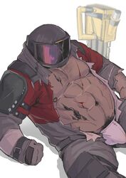 arknights bara big_bob_(arknights) bulge chest_hair dark-skinned_male dark_skin fishingman helmet male male_only mask muscle musclegut muscles muscular muscular_male nipples partially_clothed pecs pubes pubic_hair ripped_clothing ripped_clothing ripped_pants wardrobe_malfunction